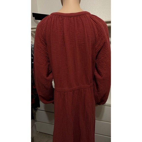 Pact Organic Cotton Gauze Button Front Maxi Dress XL Rust Red Long Sleeve Pocket - Picture 10 of 14